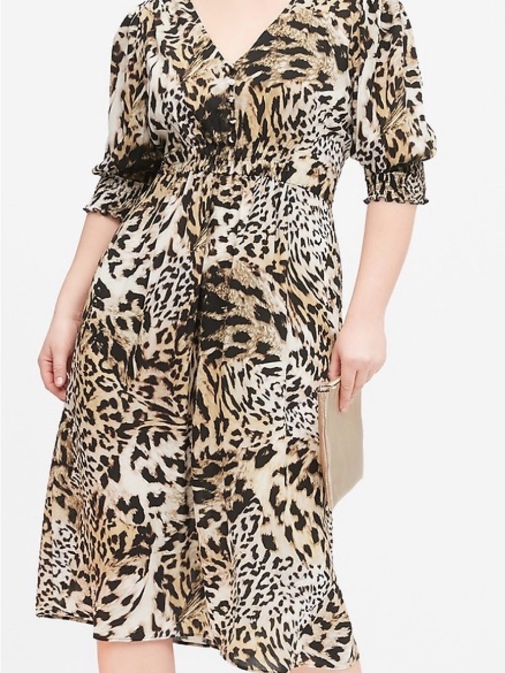 Banana Republic Dress Womens 4 Babydoll Animal Print V Neck Midi Ruched Smocked
